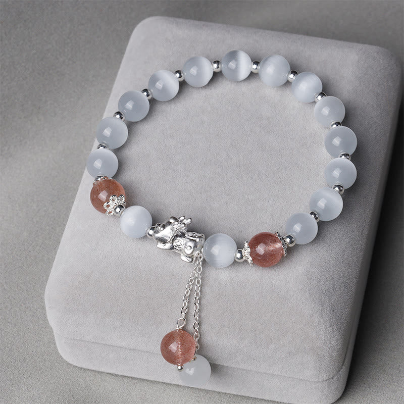 Natural Cat's Eye Moonstone Strawberry Quartz PiXiu Support Bracelet