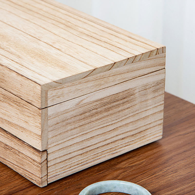 Retro Beige Paulownia Wood Two-Layer Jewelry Storage Box with Mirror