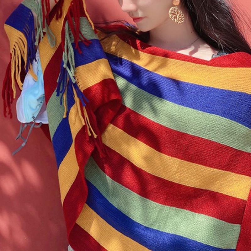 Knitted Striped Tassel Pullover Meditation Shawl Wrap
