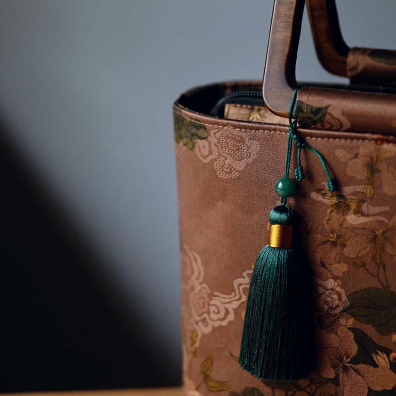 Vintage Brown Flowers Green Bamboo Leaves Wood Handles Zipper Handbag