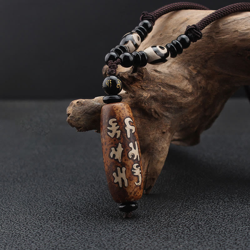 Tibet Om Mani Padme Hum Dzi Bead Avalokitesvara Pattern Wealth Necklace Pendant