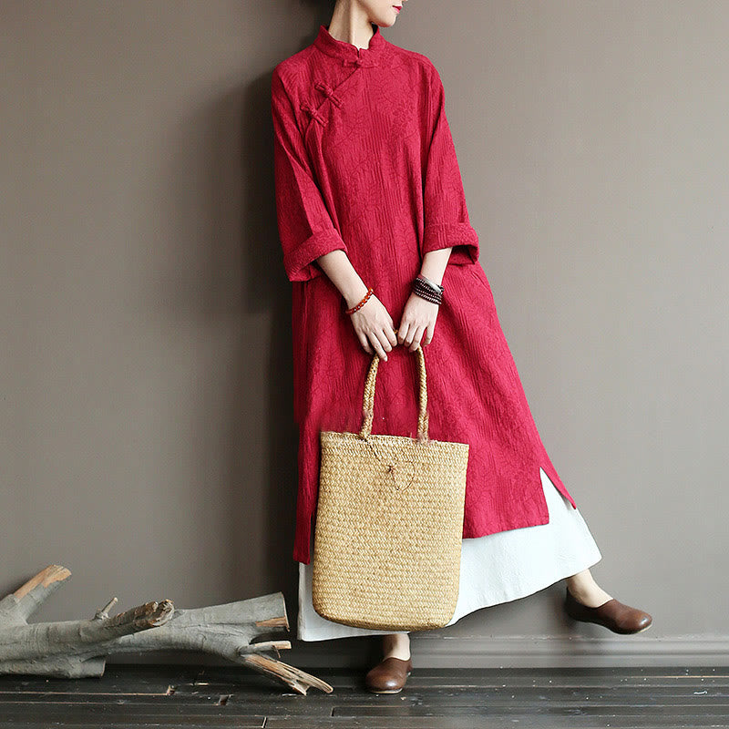 Flower Jacquard Midi Dress Long Sleeve Cotton Linen Dress Wide Leg Pants With Pockets
