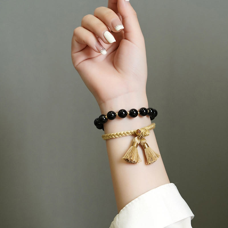 Minimalist Black Onyx Bead Bracelet Set for Grounding - 2 Pieces