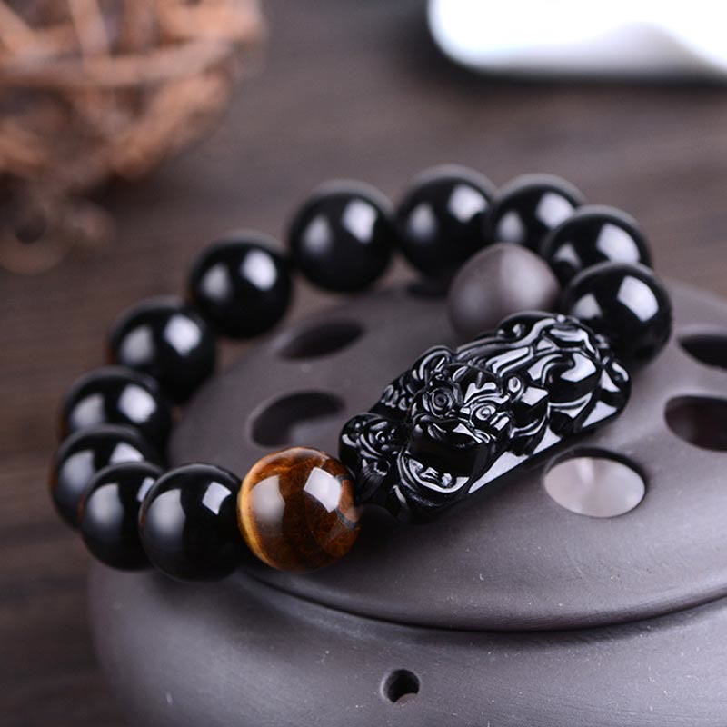 Natural Black Obsidian and Tiger Eye Pixiu Beaded Energy Bracelet