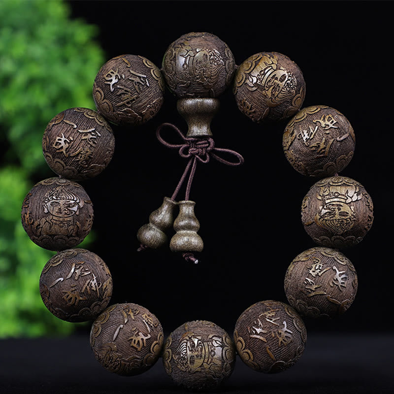 Chinese Zodiac Rosewood Ebony Copper Coin PiXiu Carved Warmth Bracelet