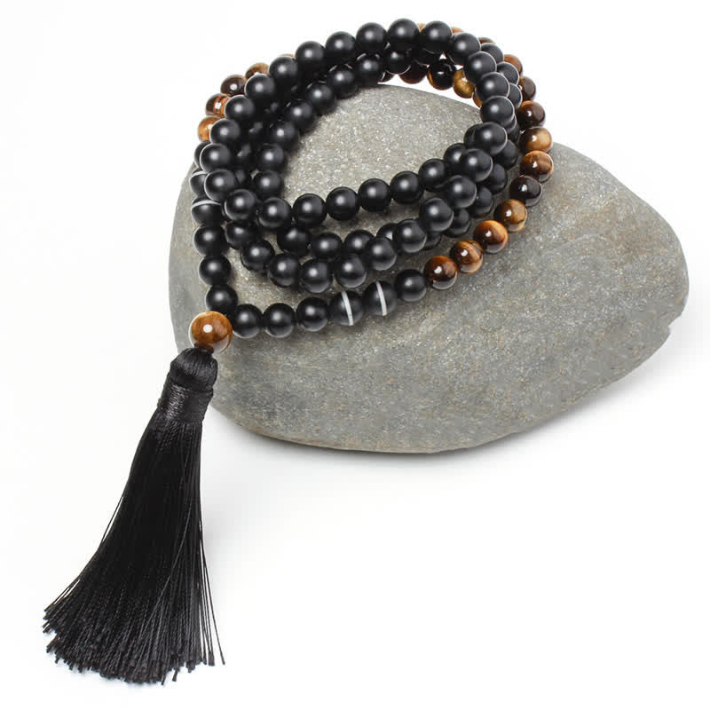 8mm Black Onyx and Tiger Eye Tassel Mala Necklace & Wrap Bracelet