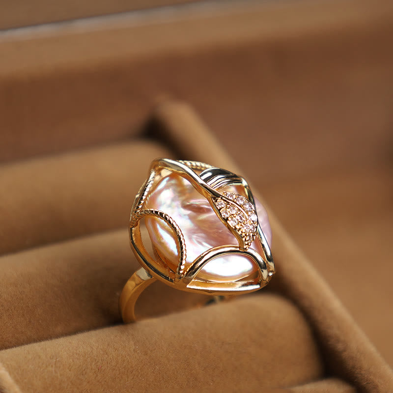 Pearl Copper Plated Gold Flower Happiness Wealth Ring