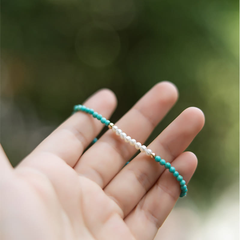 Handcrafted 925 Sterling Silver Natural Turquoise and Pearl Beaded Gold-Tone Bracelet