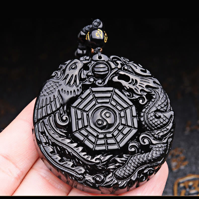 Bagua Dragon Phoenix Obsidian Fulfilment Pendant Necklace