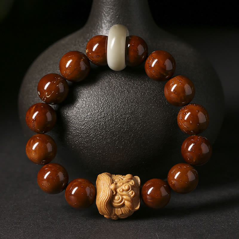 Handcrafted Purple Bodhi Seed Guardian Lion Lotus Beaded Bracelet