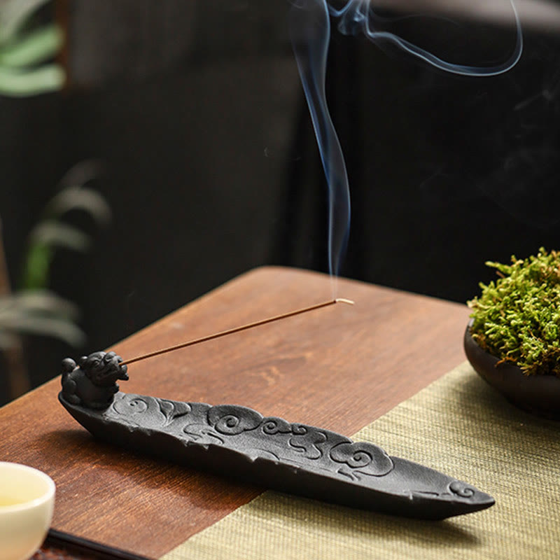 Auspicious Clouds Pixiu Healing Ceramic Stick Incense Burner Decoration