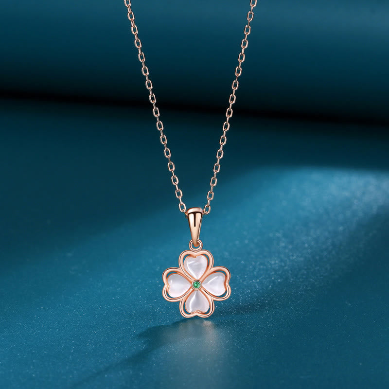 925 Sterling Silver Four Leaf Clover Chrysoberyl Cat Eye Love Necklace Pendant (Extra 35% Off | USE CODE: FS35)