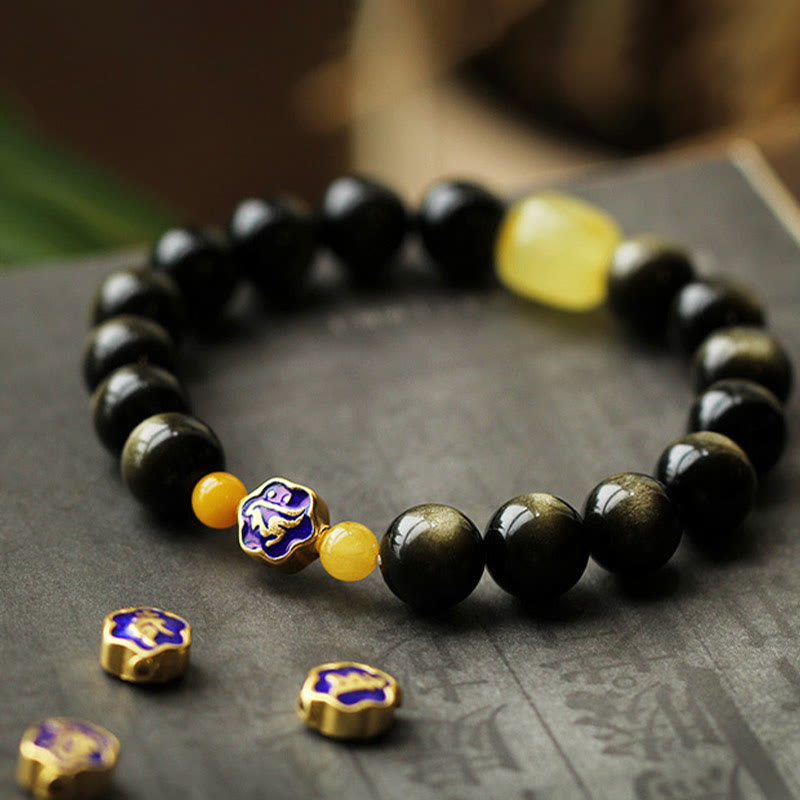 Natural Gold Sheen Obsidian & Amber Bracelet with 925 Sterling Silver and Zodiac Guardian