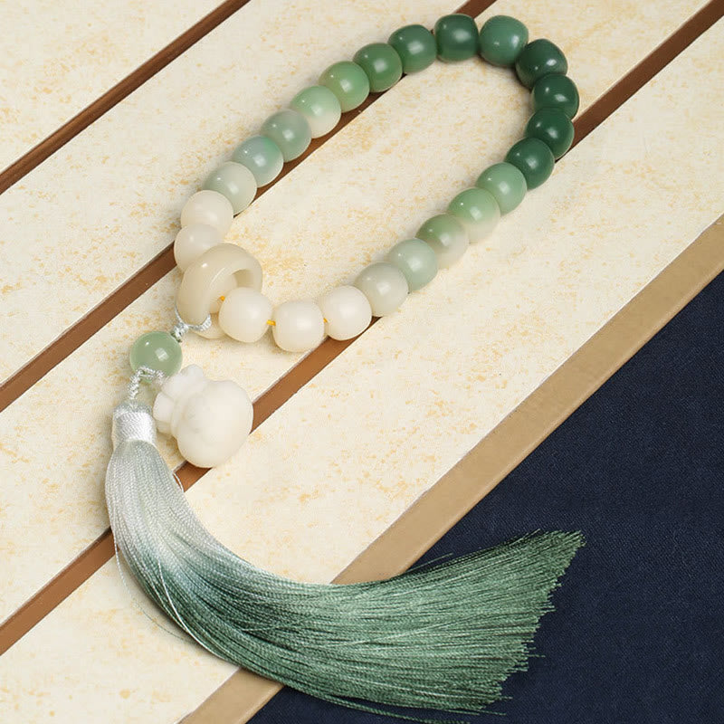 Handmade Gradient Bodhi Seed Agate & Green Aventurine Lotus Charm Wrist Mala