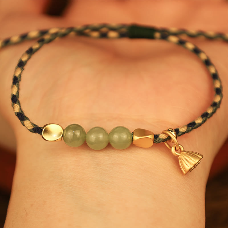 Handcrafted Hetian Jade Lotus Charm Luck Braided Bracelet