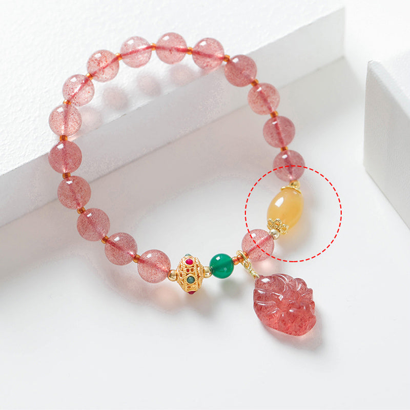 Natural Strawberry Quartz, Green Agate & Golden Silk Jade Nine-Tailed Fox Beaded Bracelet