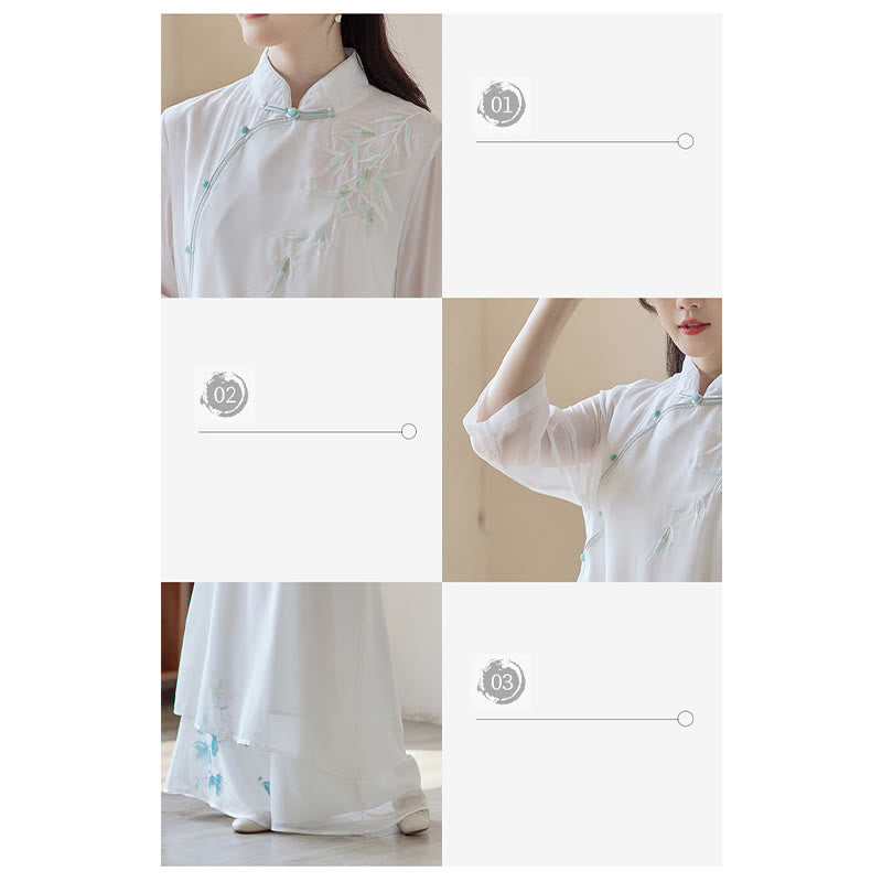 Bamboo Cheongsam Dress Midi Dress Wide Leg Pants Meditation Spiritual Zen Practice Clothing