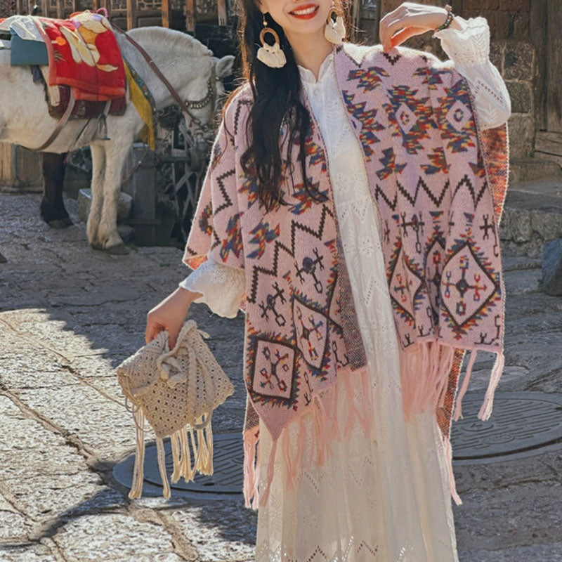 Tibetan Shawl Striped Geometry Pattern Winter Cozy Travel Knitted Scarf Wrap