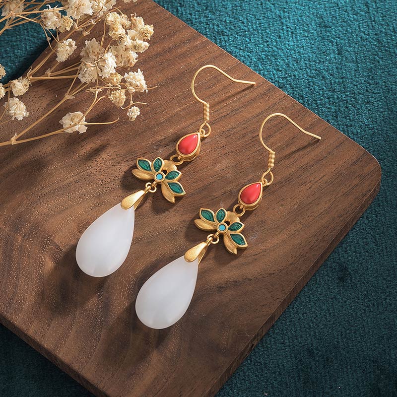 FengShui White Jade Luck Drop Earrings