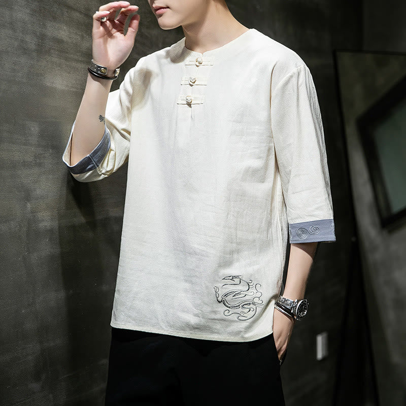 Frog-Button Dragon Embroidery Chinese Tang Suit Three Quarter Sleeve Shirt Cotton Linen Men Clothing