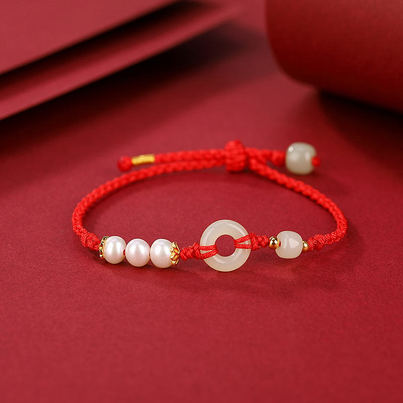 Hetian Jade Ping An Kou Pearl 925 Sterling Silver Gold Plated Red String Bracelet