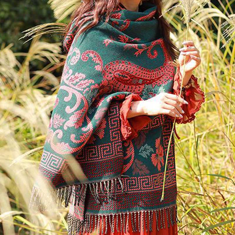 Tibetan Flowers Leaves Pattern Design Shawl Cozy Travel Scarf Wrap