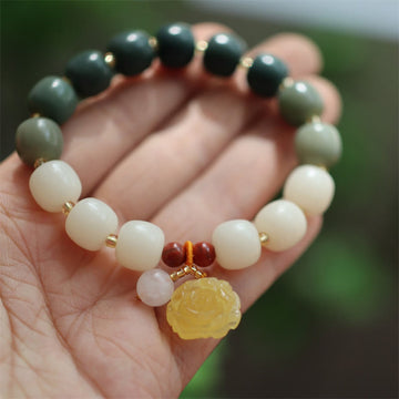 Gradient Bodhi Seed, Amber, Golden Silk Jade & Red Agate Lotus Symbol Unisex Elastic Bracelet
