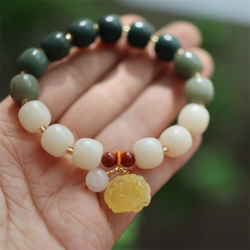 Gradient Bodhi Seed, Amber, Golden Silk Jade & Red Agate Lotus Symbol Unisex Elastic Bracelet