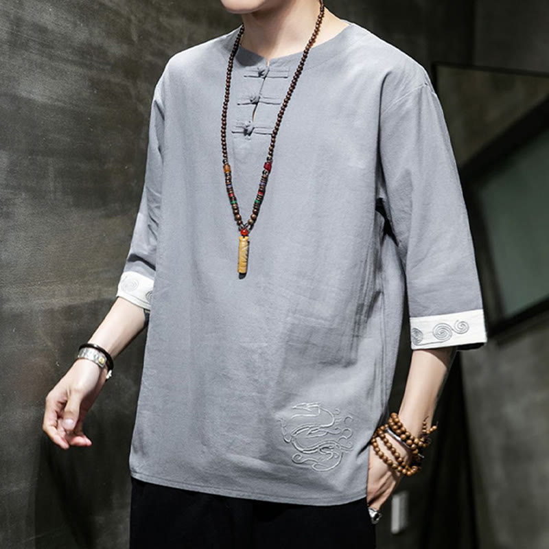 Frog-Button Dragon Embroidery Chinese Tang Suit Three Quarter Sleeve Shirt Cotton Linen Men Clothing