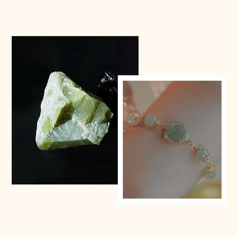 14K Gold Plated Hetian Jade Rose Flower Copper Chain Bracelet