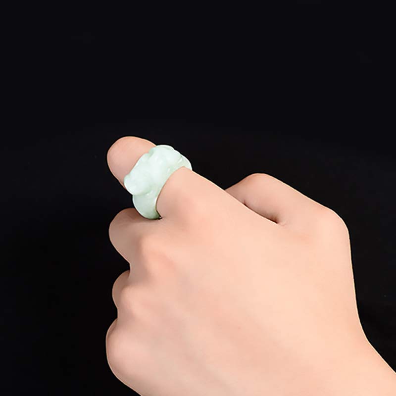 Hand-Carved Natural Green Jade Pixiu Artisan Band Ring