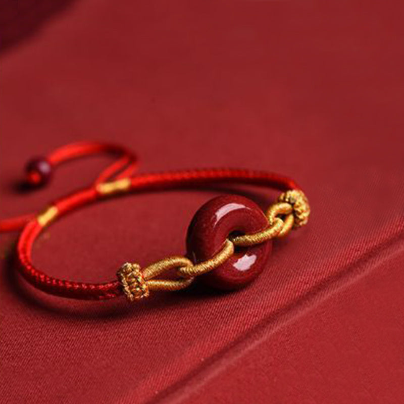 Handmade Cinnabar Ping An Kou Peace Buckle Braided Red String Bracelet