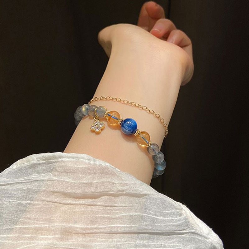 Natural Moonstone Citrine Kyanite 14K Gold Flower Charm Beaded Bracelet