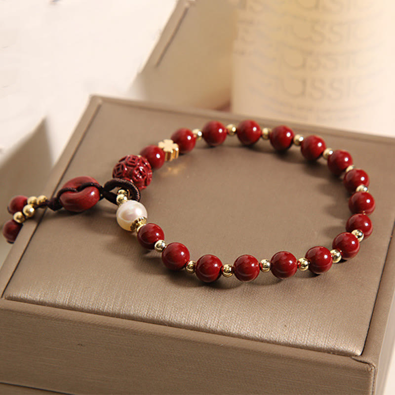 Natural Cinnabar Peace Buckle Copper Coin Charm Blessing Bracelet