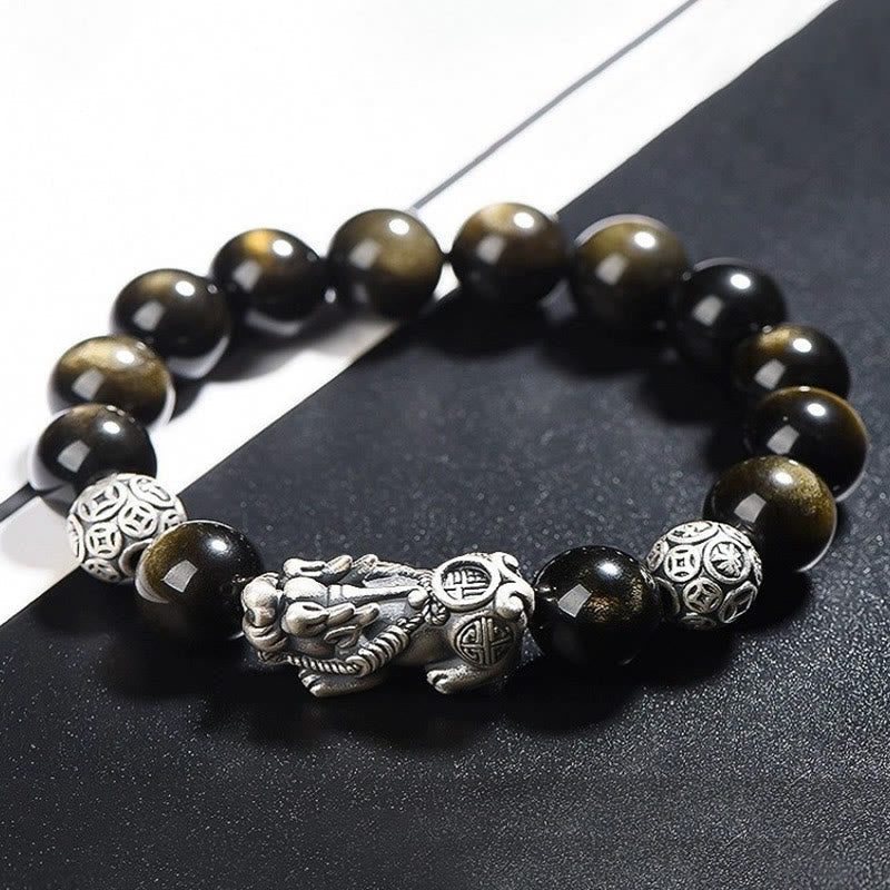 925 Sterling Silver Natural Gold Sheen Obsidian PiXiu Wealth Protection Bracelet