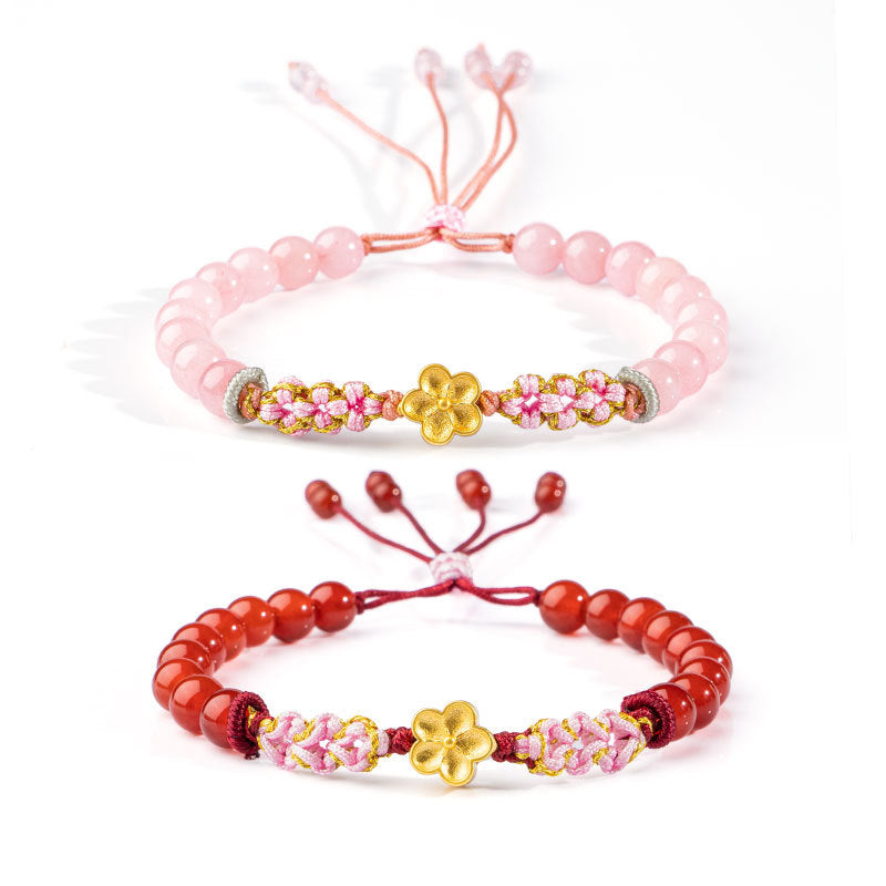 999 Sterling Silver Natural Red Agate Pink Crystal Cherry blossom Bracelet