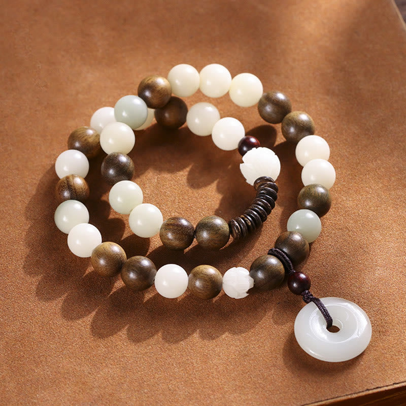Bodhi Seed Green Sandalwood Lotus Peace Buckle Harmony Double Wrap Bracelet