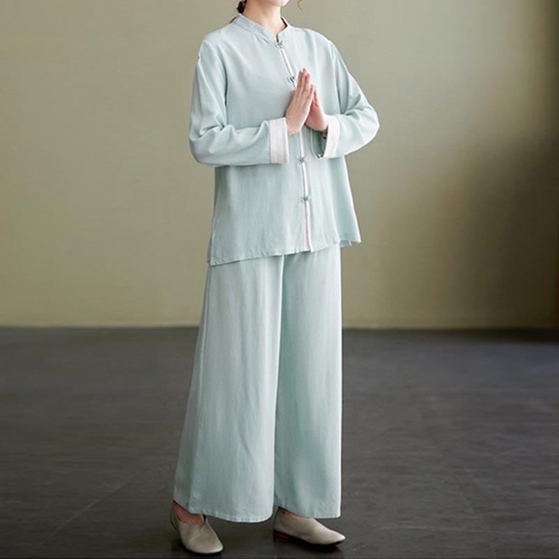 2Pcs Tang Suit Long Sleeve Shirt Top Pants Meditation Zen Tai Chi Cotton Linen Clothing Women's Set