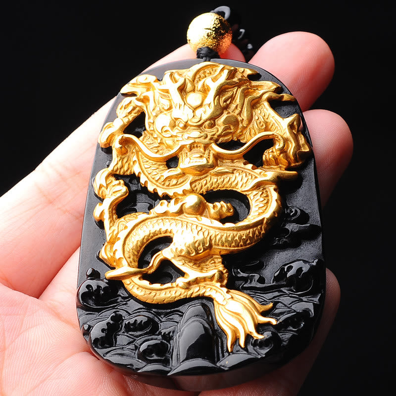 18k Gold-plated Dragon Obsidian Lucky Pendant Necklace