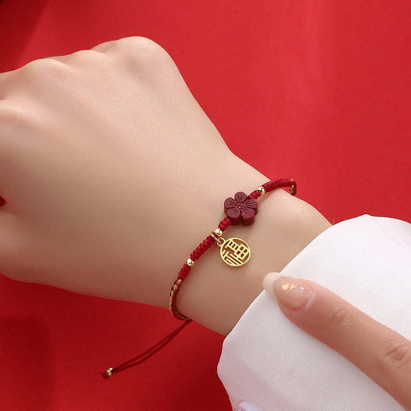 Handmade Red String Cinnabar Flower and Copper Fu Character Braided Bracelet