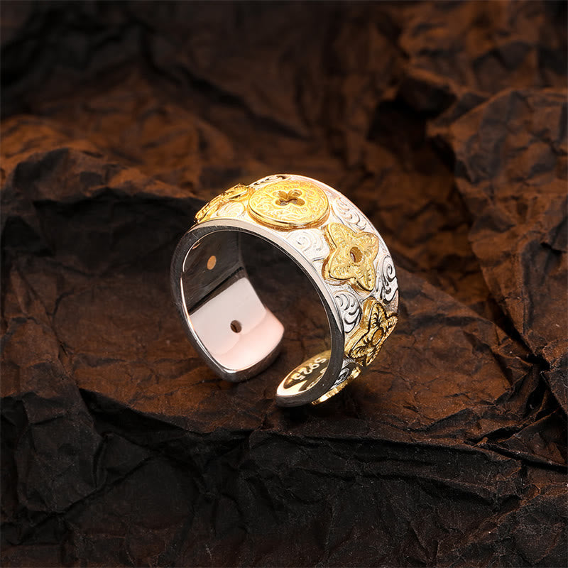 925 Sterling Silver Vintage Tang Dynasty Flower Design Luck Ring