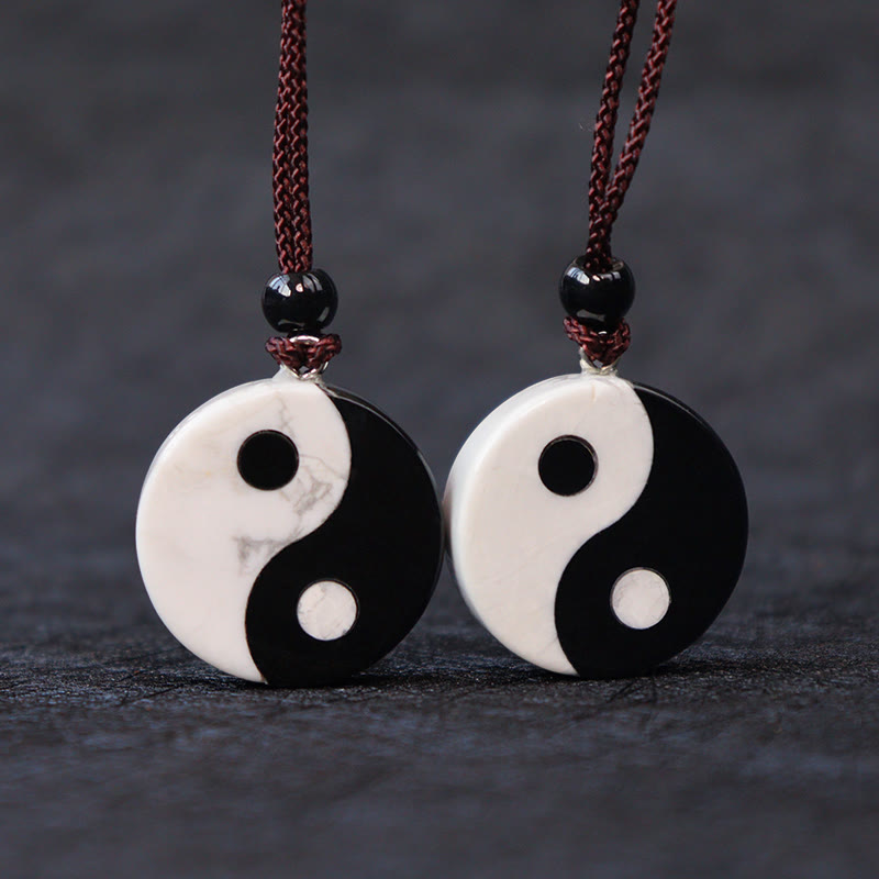 Natural Black Obsidian White Turquoise Yin Yang Fulfilment Strength Necklace Pendant