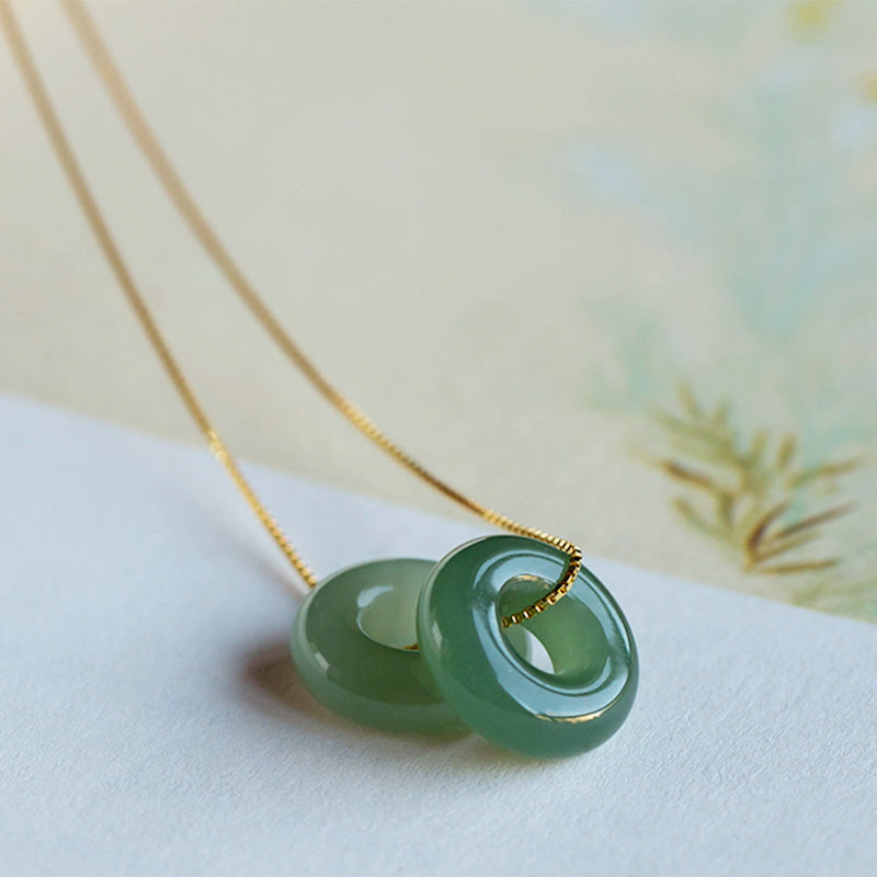 Natural Round Jade Ping An Kou 925 Sterling Silver Gold Plated Pendant Necklace