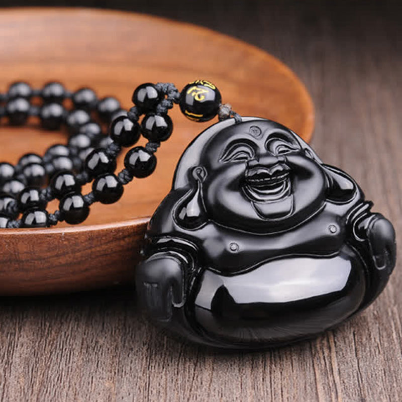 Laughing Buddha Black Obsidian Transformation Pendant Necklace