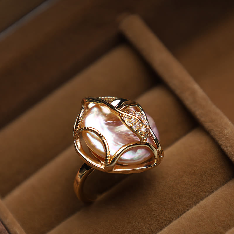 Pearl Copper Plated Gold Flower Happiness Wealth Ring