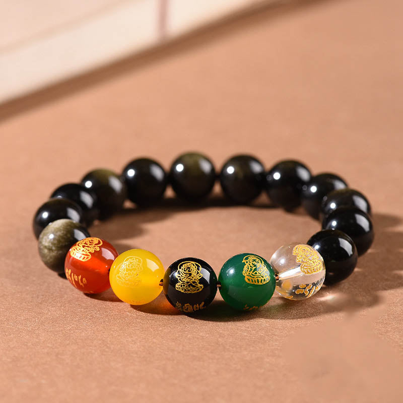 Gold Sheen Obsidian Rainbow Obsidian Black Obsidian Five Directions Gods of Wealth Bracelet