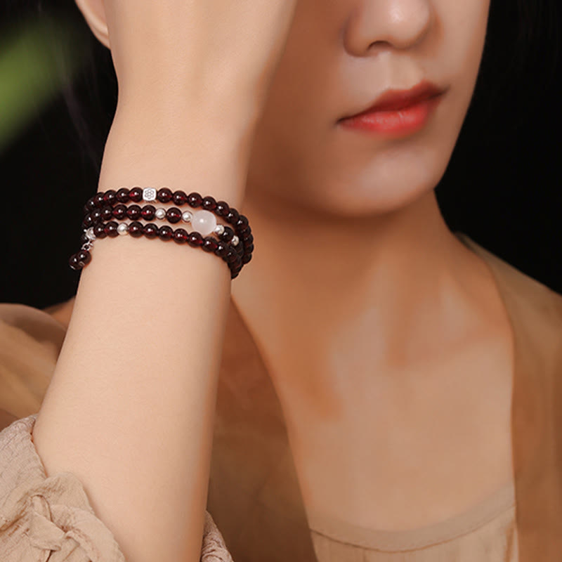 925 Sterling Silver Natural Garnet Cat Eye Protection Triple Wrap Bracelet
