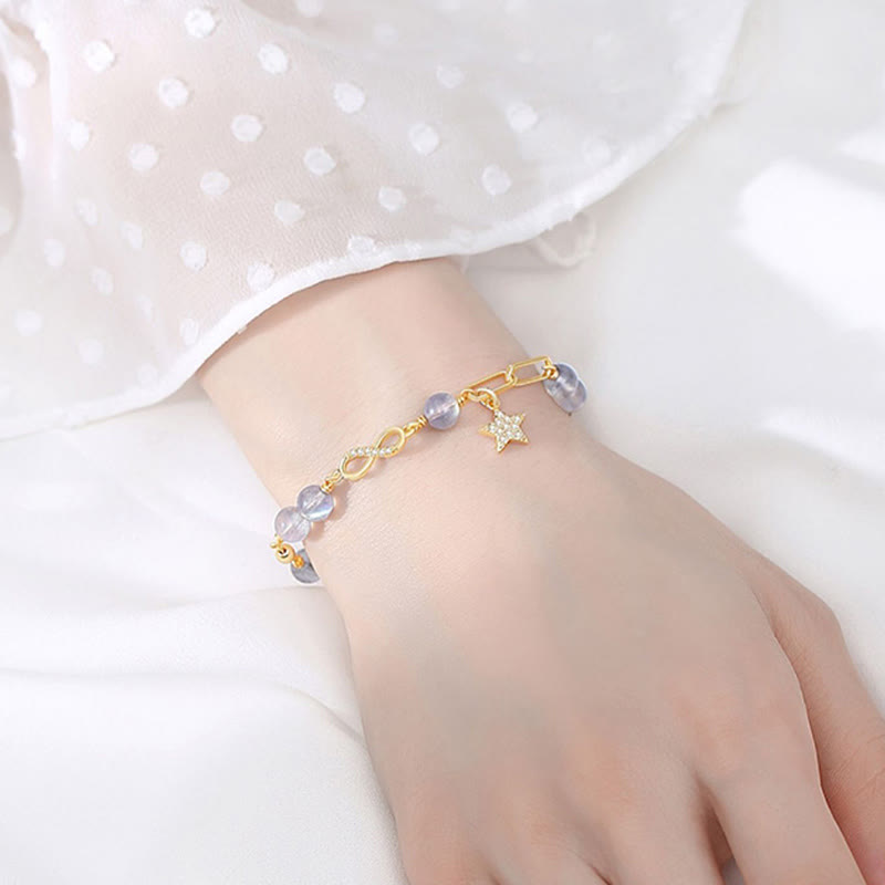 14K Gold Plated Möbius Loop Star Natural Moonstone or Strawberry Quartz Bracelet