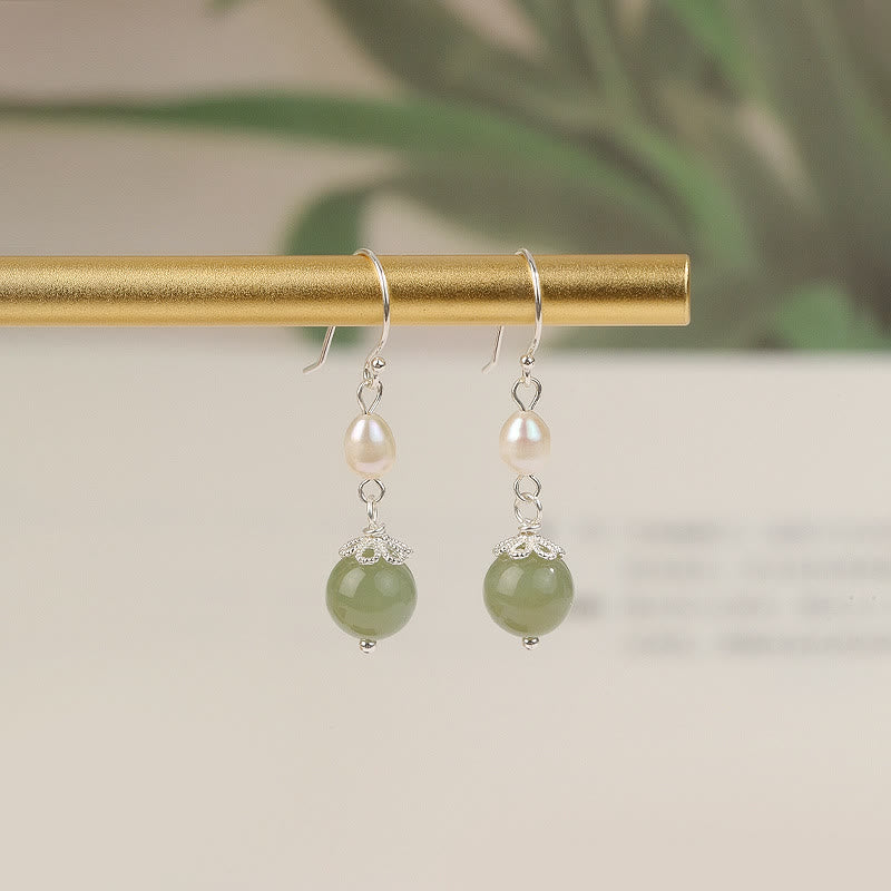 925 Sterling Silver Natural Pearl Jade Wisdom Earrings