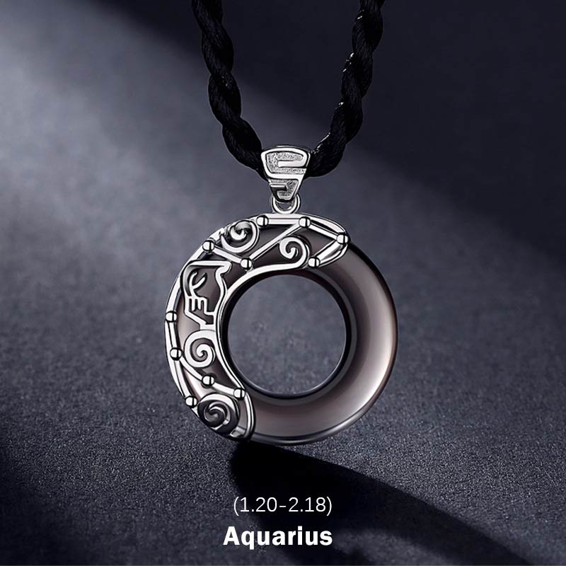12 Constellations of the Zodiac Ice Obsidian Blessing Round Pendant Necklace